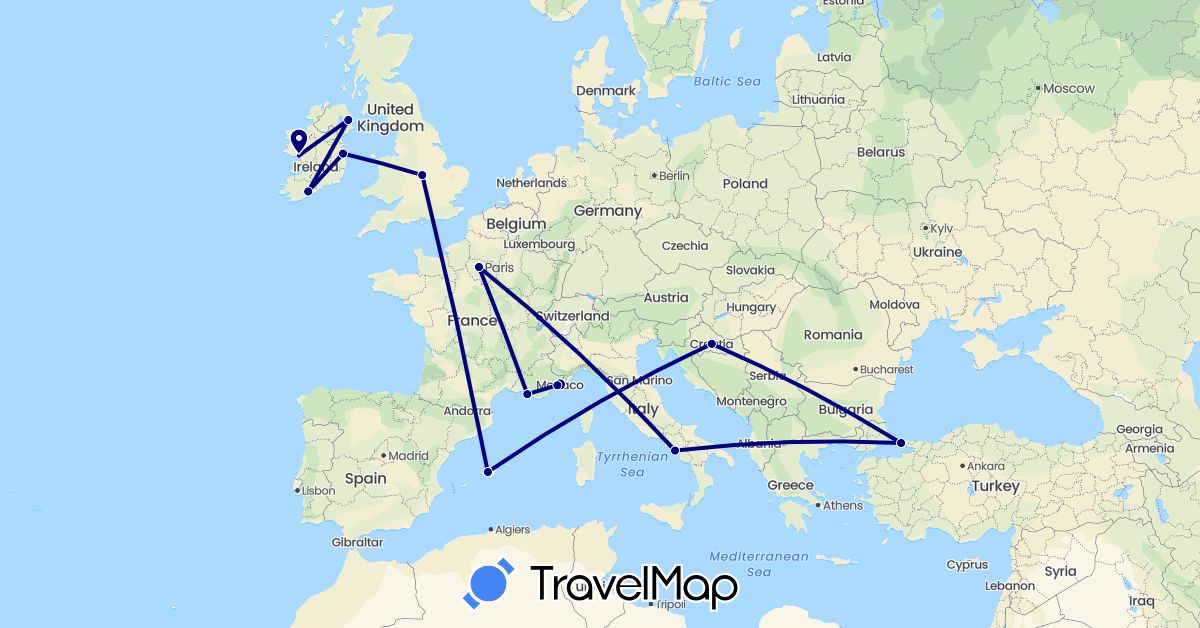 TravelMap itinerary: driving in Spain, France, United Kingdom, Croatia, Ireland, Italy, Monaco, Turkey (Asia, Europe)
